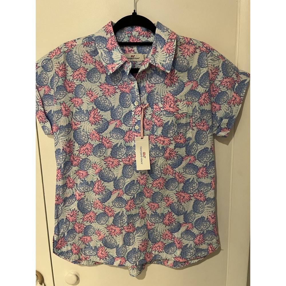 NWT Vineyard‎ Vines Pineapple Printed Poppover Womens Size 4 Pink Blue